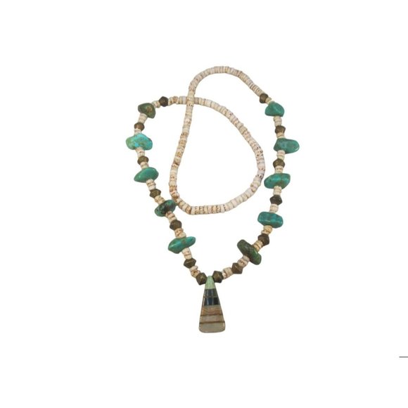 Southwestern Turquoise Nugget Brass Shell Pendant Necklace - Picture 8 of 16